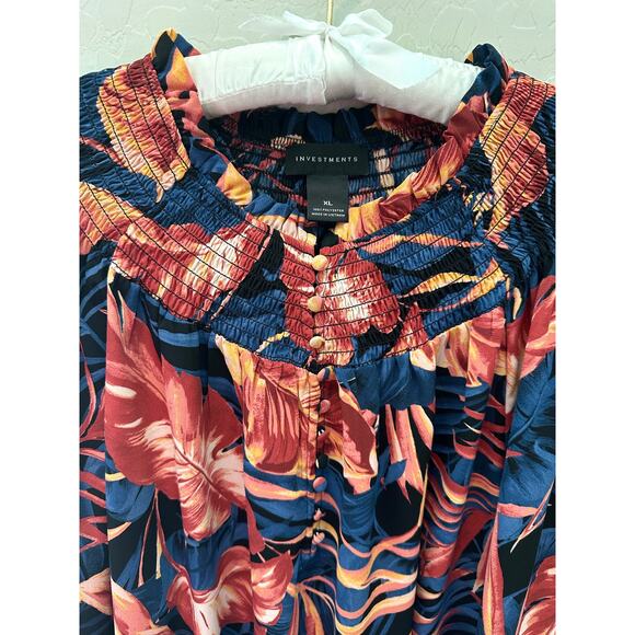 INVESTMENTS | Silky Hawaiian Floral Contemporary Smock Flutter Sleeve Blouse |XL - Picture 4 of 7